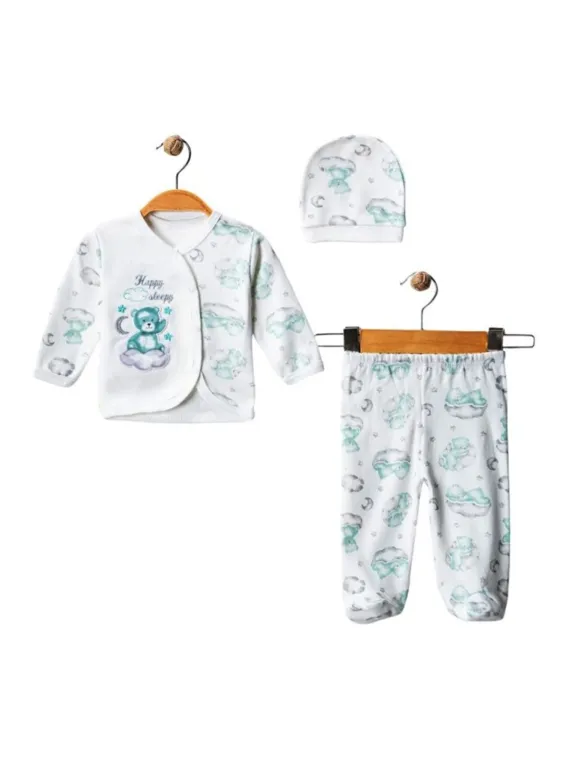 Set 3 piese bebelus nou nascut baietel verde, model ursuleti