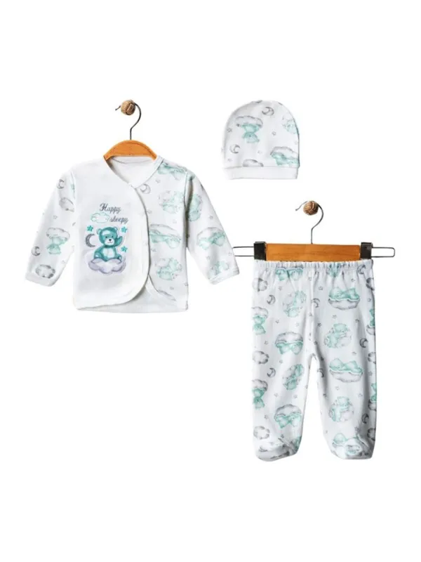 Set 3 piese bebelus nou nascut baietel verde, model ursuleti