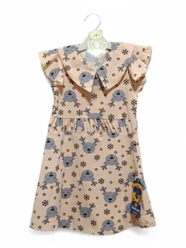 Girls' beige summer dress, with collar and ruffles, print